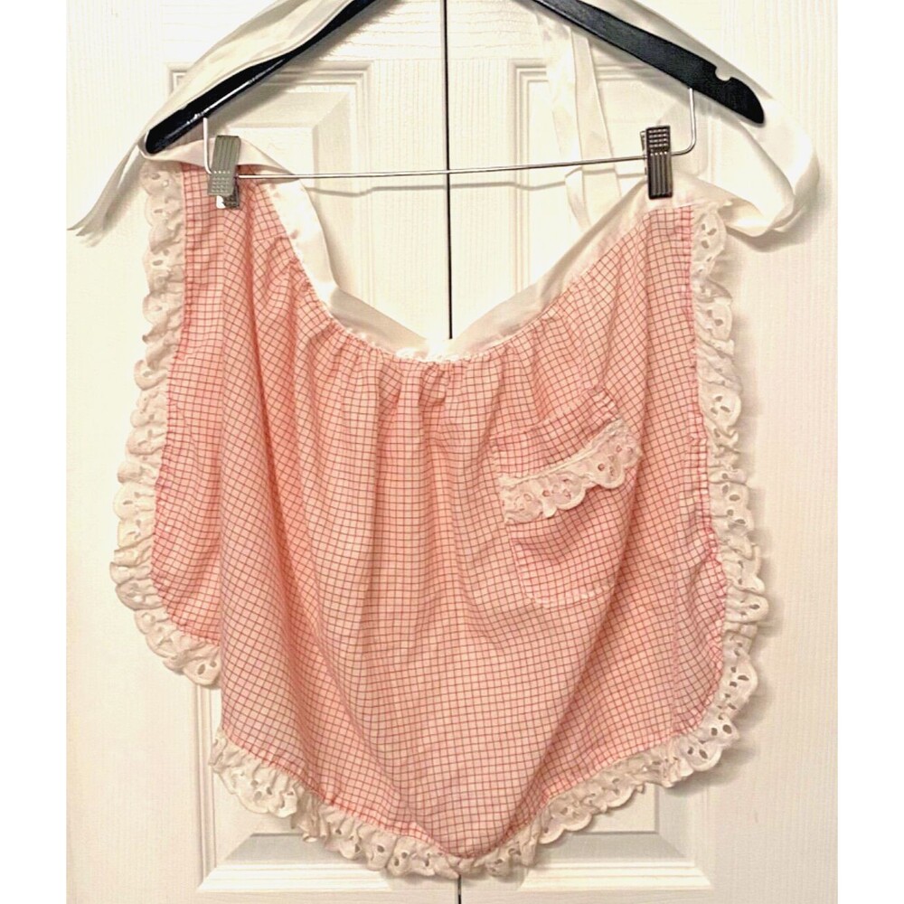 Vtg Handmade Half Apron Lace Red White Diner Pocket Ribbon Bow Cottagecore Chic - Picture 7 of 9